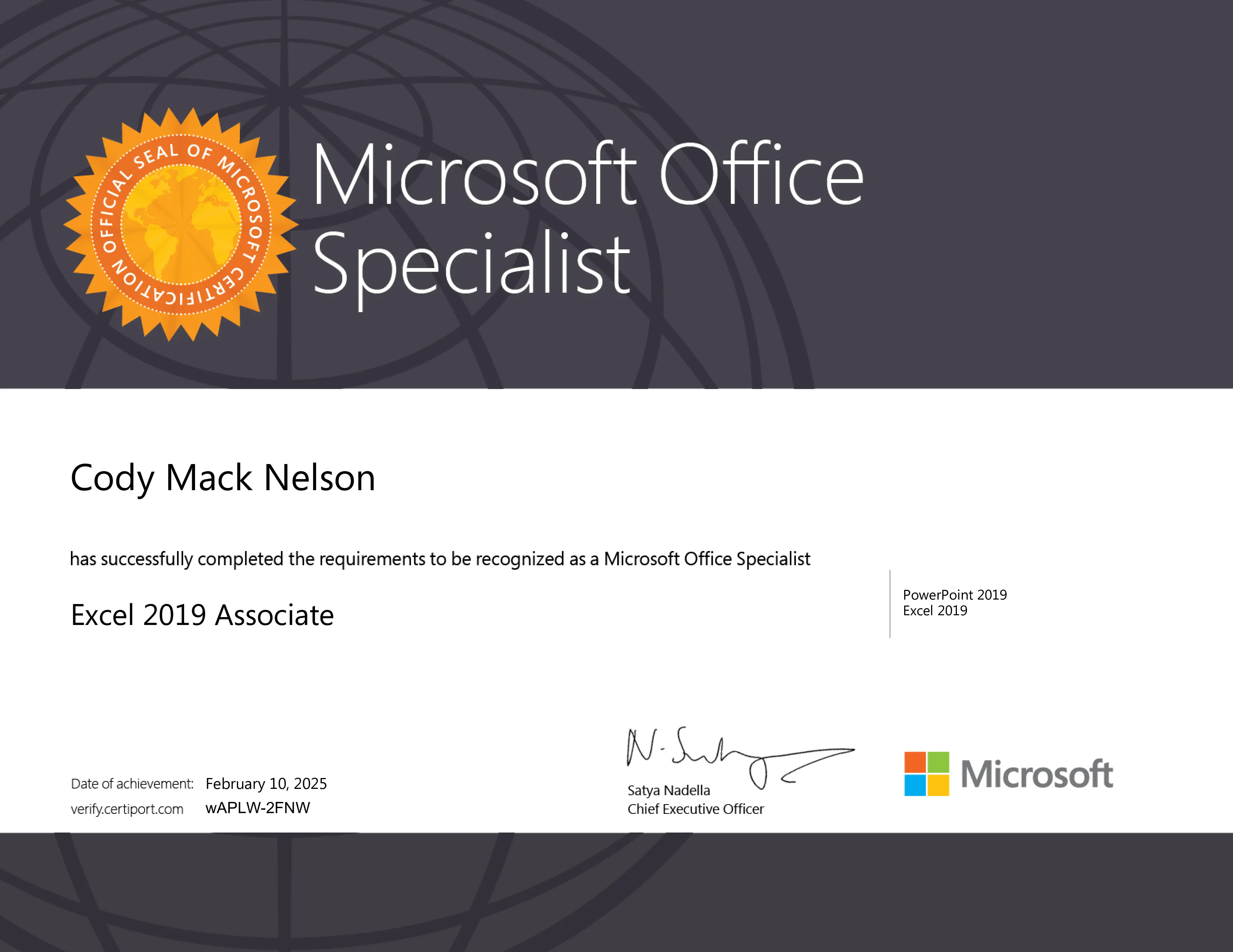 my Excel Certification