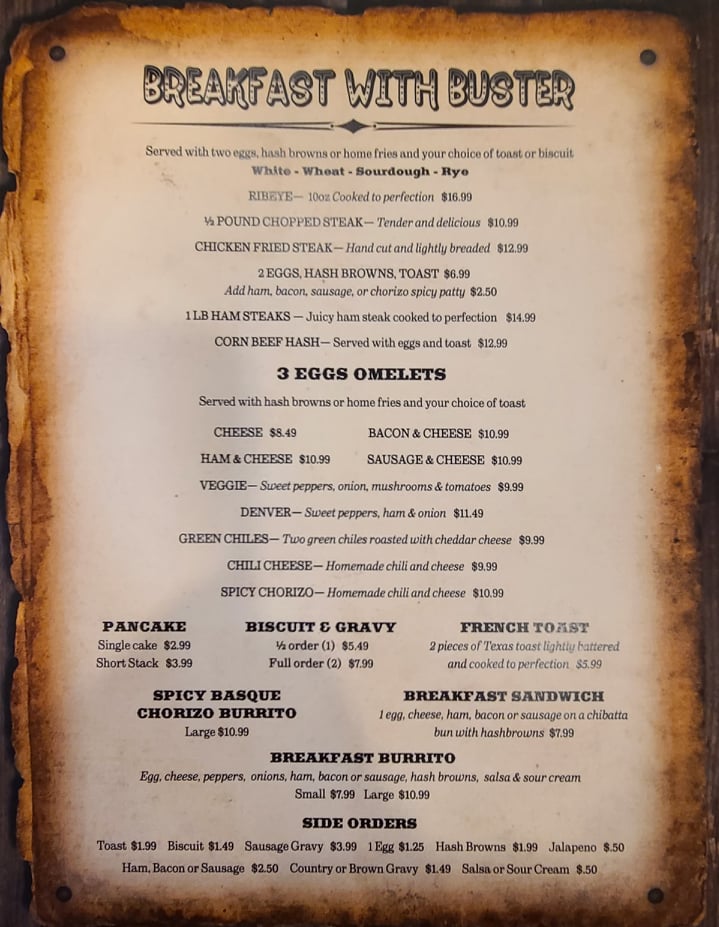 The Buster's breakfast menu
